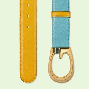 NEW Gucci Mustard/Blue Leather Memorable G Buckle Belt 85 Cm - Picture 1 of 9