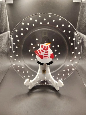 Set of 6 Crate & Barrel Skating Snowman Arcoroc Glass Dessert Plates 8” France - Image 1 of 3