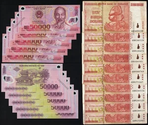 10 x 50 Billion Dollars Zimbabwe + 10 x 50,000 Dong Vietnam Banknotes Authentic - Picture 1 of 5