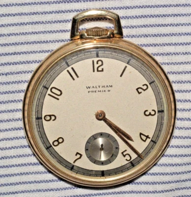 CLEAN! 1940 VTG ART DECO 14k SOLID GOLD WALTHAM PREMIER COLONIAL POCKET WATCH - Image 1 of 4