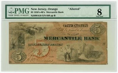1862 $5 The Mercantile Bank - Orange, NEW JERSEY (Altered) Note PMG VG 8 - Image 1 of 2