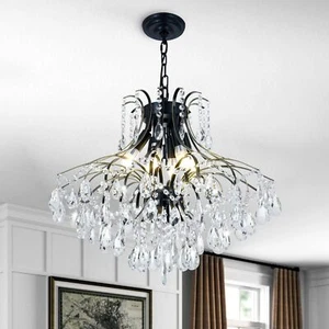 24" Black Modern Crystal Chandeliers Raindrop Pendant 6-Light Lighting Fixtures - Picture 1 of 7