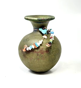 Jeremy Diller Raku Art Vase Green Iridescent Gemstone Beaded 3.25 Inches Signed - Picture 1 of 8