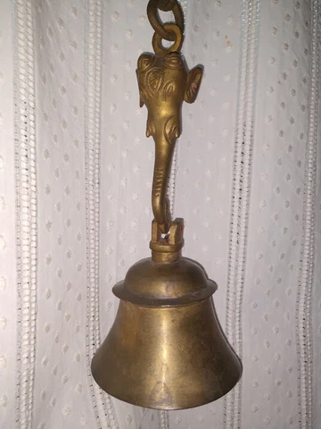 Antique Vintage Solid Brass Gold Tone Elephant Hindu Ganesh Hanging Bell 2ft Cover