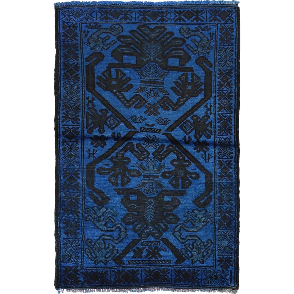 Tribal Overdye Rug Handmade Oriental Blue Carpet Area Wool Rug 2'11x4'2ft R22766 - Image 1 of 4