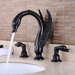 Swan Bathroom Basin Faucet Sink Tub Filler Oil Bronze 3PCS Dual Handles Taps - Picture 1 of 6