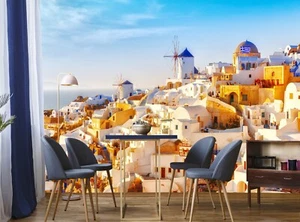 Papel pintado griego, mural de pared de Santorini naturaleza horizonte paisaje papel cartel arte - Imagen 1 de 8