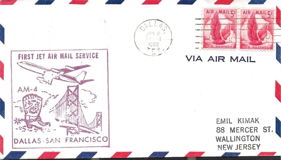 First Jet Airmail Flight Dallas TX AMF - San Francisco CA 8 Jan 1960 AAMC#J415f - Image 1 of 1