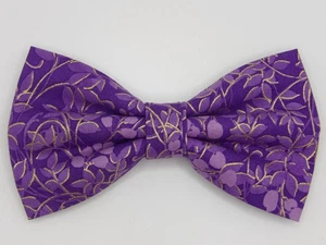 Purple Bow tie, Lavender Leaves with Metallic Gold Highlights, Pre-tied Bow tie - Picture 1 of 4