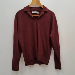 Vintage Burberrys Burgundy 100% Merino Wool V Neck Collared Jumper Size 44"Chest - Picture 1 of 6