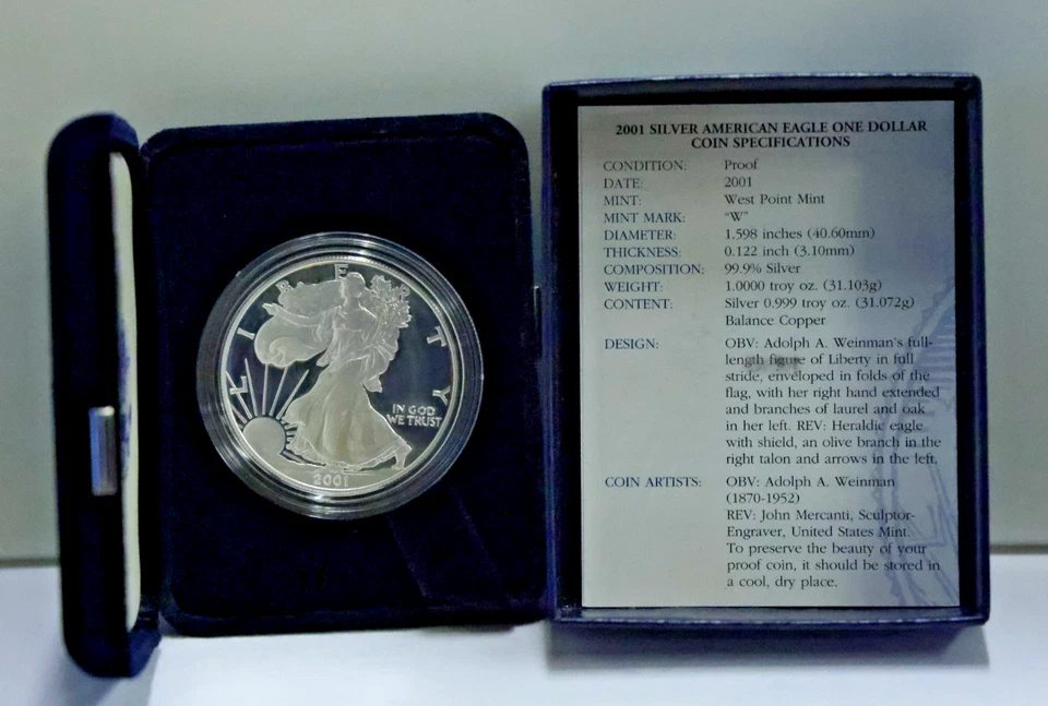 Lingotes de prueba de $1 dólar American Silver Eagle 2001 W 1 oz caja original/certificado de autenticidad Foto 1 de 4
