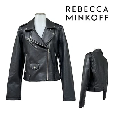 REBECCA MINKOFF Mujer M Cuero Vegano Moto Chaqueta Motociclista NUEVO CON ETIQUETAS RM-934 NEGRO NUEVO Foto 1 de 4