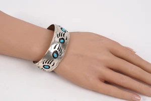 Pearlene Spencer Crafted Sterling Shadow Box Turquoise Bear Claw Bracelet Size 7 - Picture 1 of 7