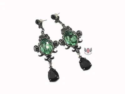 Alchemy Gothic Queen Of The Night Earrings E273 Goth Green Black Dropper Crystal Foto 1 de 4