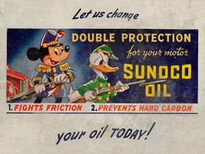 MICKEY MOUSE DONALD MILITARY SUNOCO MOTOR OIL HEAVY DUTY USA MADE METAL ADV SIGN