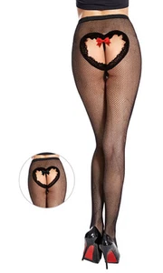 Medias de Rejilla Tanga Negro Encaje Abierto Corazón Lazo Rojo Sexy Medias Nuevo - Imagen 1 de 1