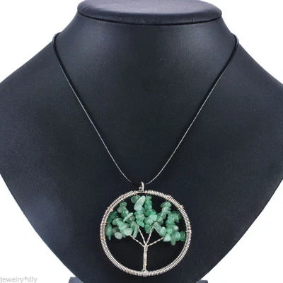 BIG BEAUTIFUL SPRING GREEN ADVENTURINE TREE OF LIFE WIREWRAP BLACK CORD NECKLACE - Image 1 of 2