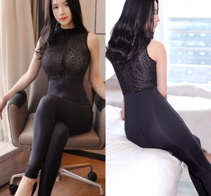 Women Lace Sleeveless Shirt Shiny Bodycon Jumpsuits Rompers Zipper Yoga Unitard - Picture 1 of 20
