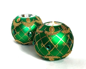 Sorelle Set 2 WEIHNACHTEN Glasornament GRÜN Teelicht Kerzenhalter Votiv 3,5" - Bild 1 von 6