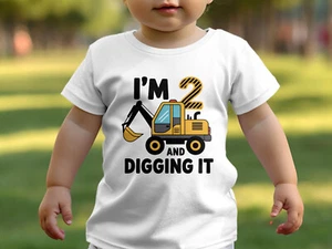 Boys 2nd Birthday T Shirt I'm 2 and Digging It Construction Theme Shirt T-Shirt - Picture 1 of 5