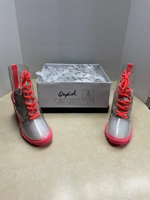 BOTAS DE LLUVIA QUPID-MUJER TALLA 6 CORAL NEÓN/CLARO TRANSPARENTE PLÁSTICO TACÓN CON CORDONES Foto 1 de 4