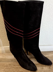 Vtg Cleo Bottier Black Leather Boots - Suede Red Stripes Knee High Women's Sz 7 - Picture 1 of 16