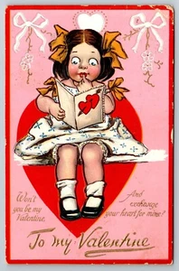 1912 Tucks Girl Be Mine Valentine Flowers Heart Love Bow Arrow Postcard - B4 - Picture 1 of 2