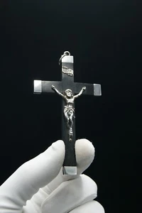 † 19TH DNJC INRI STERLING SILVER EBONY WOOD PECTORAL CROSS HALLMARKED FRANCE † - Picture 1 of 17