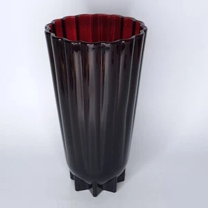 VTG Anchor Hocking Royal Ruby Red Glass Vase 10" T Star Bottom Fluted Scalloped - Picture 1 of 14