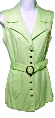 1960s Acrylic Top/Gold Button Up Belted Sleeveless Wide Pointy Collar Top/Large - Image 1 of 4