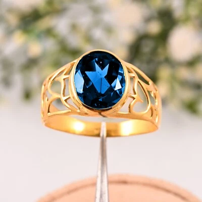 Anel masculino de topázio azul feito à mão AAA presente de casamento ouro amarelo 14K - Imagem 1 de 3