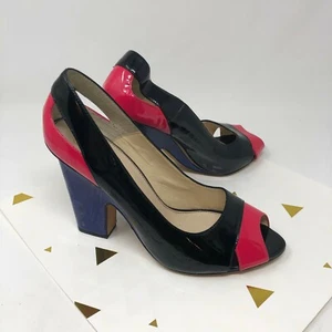 Zapatos de salón ISOLA Patent Cuero Color Bloque Tacón Grueso Punta Peep 9M CARJ10 Negro/Rosa - Imagen 1 de 9