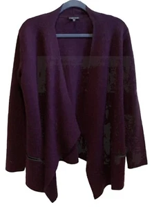 Cárdigan Eileen Fisher Med Frente Abierto Ciruela Lana Merino Cuero Borde Bolsillo - Imagen 1 de 18