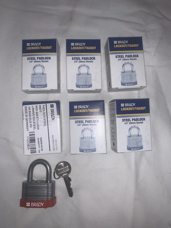 Brady 118935 6 pack Key Retaining Steel Red Keyed Differently Safety Padlocks - Image 1 of 4