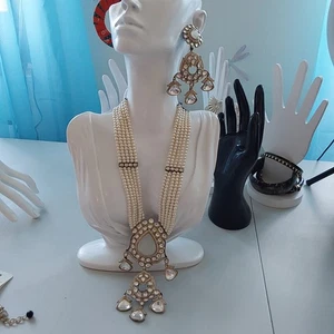Conjunto de collar y pendiente Stament boho étnico India imitación perla multihilamento 616 - Imagen 1 de 6