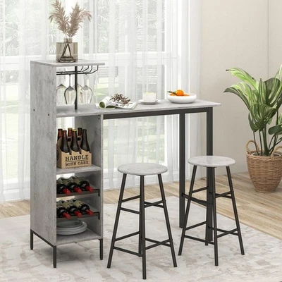 3-Piece Bar Table Set Wine Rack, Glass Holders & Open Shelves, Brown Industrial - Image 1 of 4