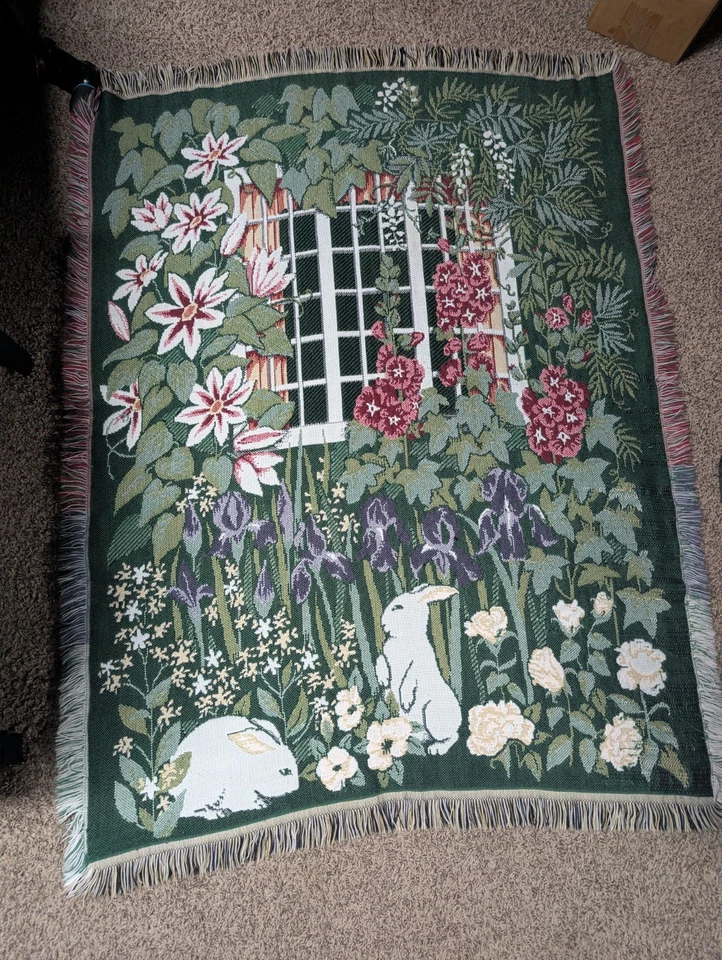 Woven Tapestry Throw By Crown Craft Rabbit Spring Garden Flowers 46"X60" - Image 1 of 4