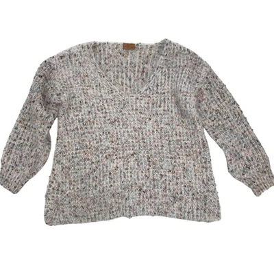 POL V-Neck Chunky Knit Sweater Womens S White Brown Fuzzy - Image 1 of 4