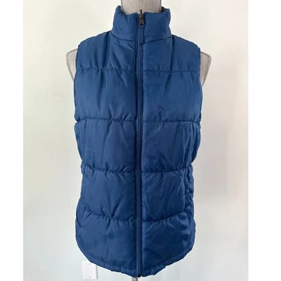 Merona Women's Dark Navy Blue Solid Plaid Reversible Puffer Vest Top Size M - Image 1 of 4