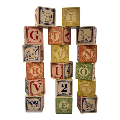 Set of 17 Uncle Goose GERMAN Wooden Embossed Alphabet Numbers Animals Blocks Toy - Image 1 of 4