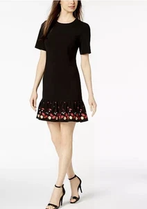 Calvin Klein Women’s Black Embroidered Flounce Dress Floral A-Line EUC - Picture 1 of 9