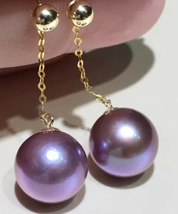 natural 10-11MM AAA+++ GRADE ROUND PURPLE SOUTH SEA PEARLS EARRING 18K GOLD - Picture 1 of 8