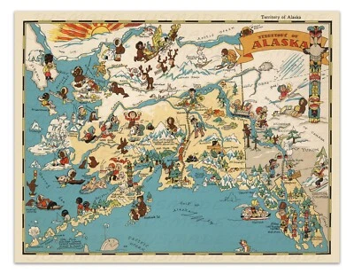 TERRITORY OF ALASKA Pictorial Map 1935 Vintage Illustration -Unframed- Print - Image 1 of 3