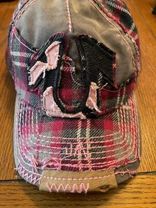 VTG True Religion Horseshoe Distressed Pink Plaid Trucker Cap Hat Snap Back - Picture 1 of 6