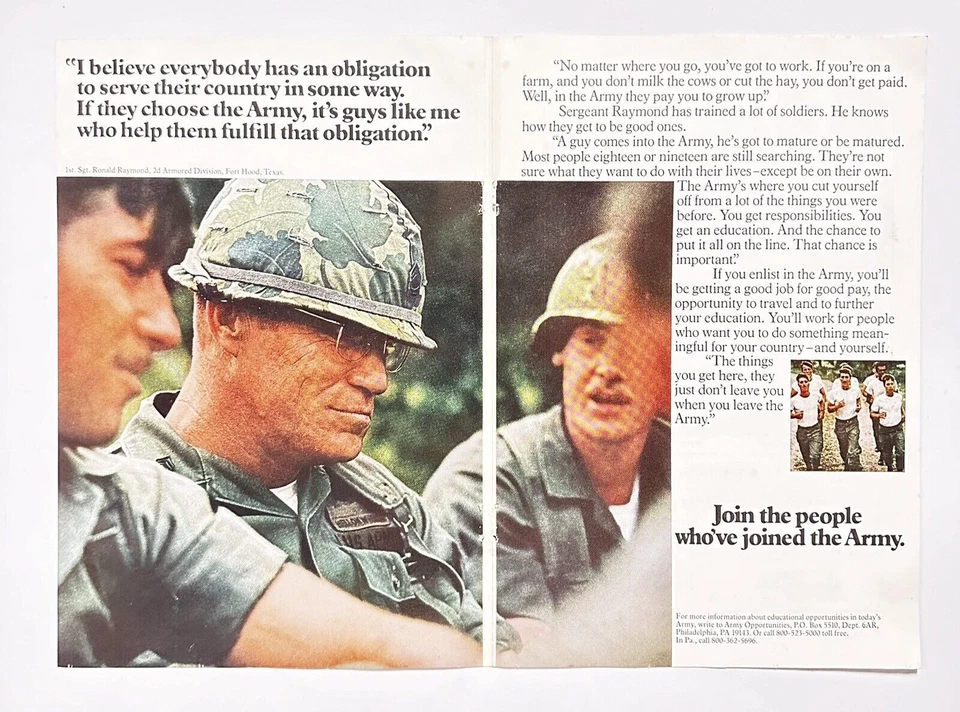 Cartel publicitario impreso de reclutamiento del ejército de Estados Unidos 1975 Fort Hood sargento soldados dos páginas Foto 1 de 1