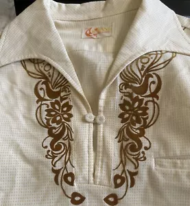 Vtg Iolani Mens Hawaiian Pullover Shirt Size Yellow Flocked Trim - Picture 1 of 7