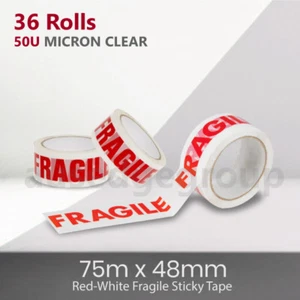36 Roll WhiteRed 75 Meter x 48 mm 50 Micron Fragile Sticky Seal Tape Packaging - Picture 1 of 12