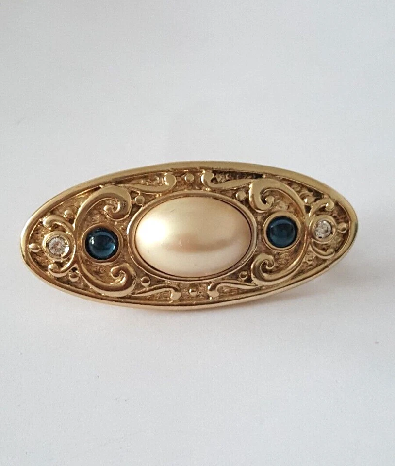 Genuine Majorica Pearl Sparkling Artistic Brooch Gold on 925 Solid Silver #22389 - Image 1 of 4