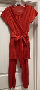 Keyloun Red Lounge PJ Set Glitter SZ S Long Pants Shirt Sleeve Wrap Top Vintage - Picture 1 of 12