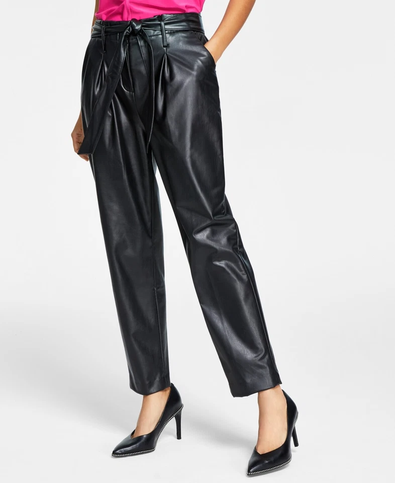 MSRP $99 Bar III Faux-Leather Paperbag-Waist Pants Black Size 4 - Image 1 of 1